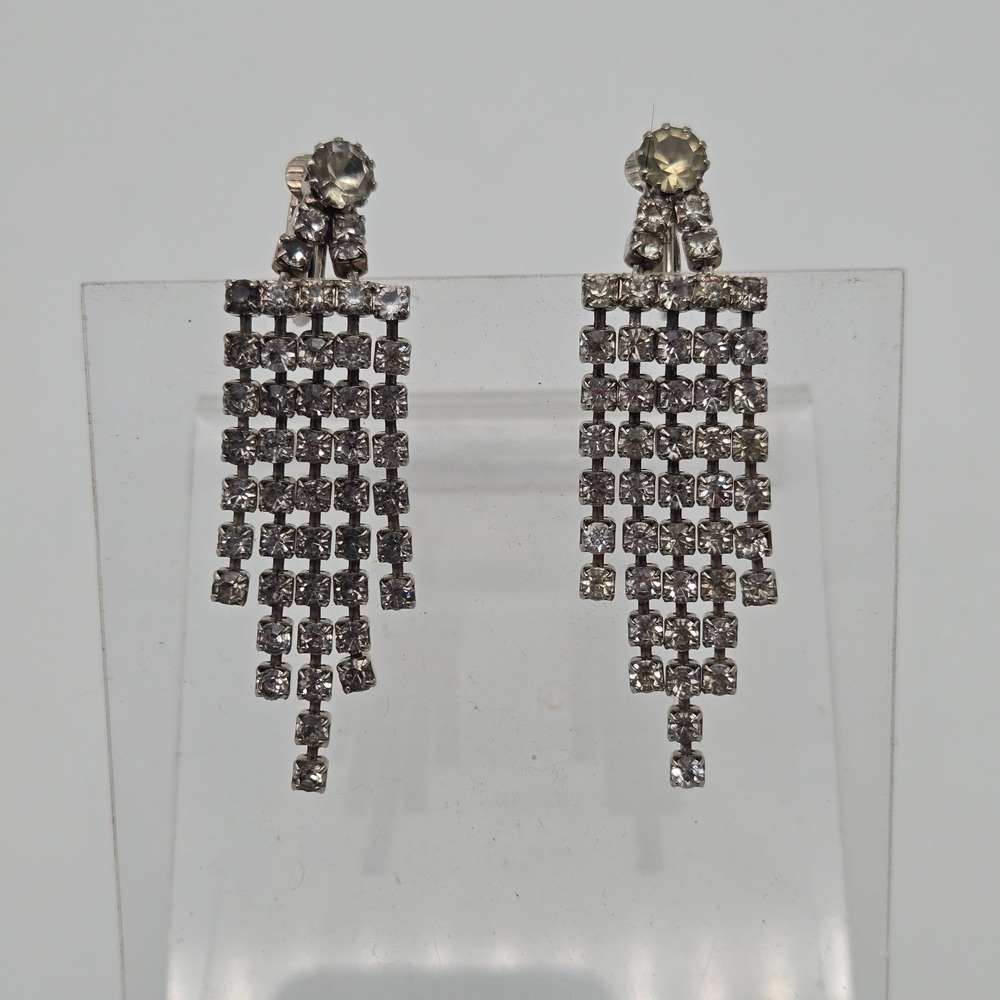 Vintage Rhinestone Fringe Drop Clip On‎ Earrings Clear Crystal Silver Toned